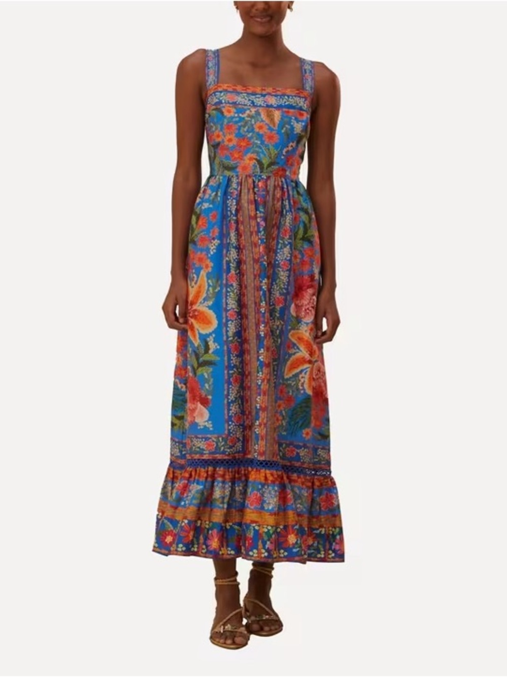 NWT FARM Rio Blue Floral Square-Neck Maxi Dress with Orange & Pink Accents